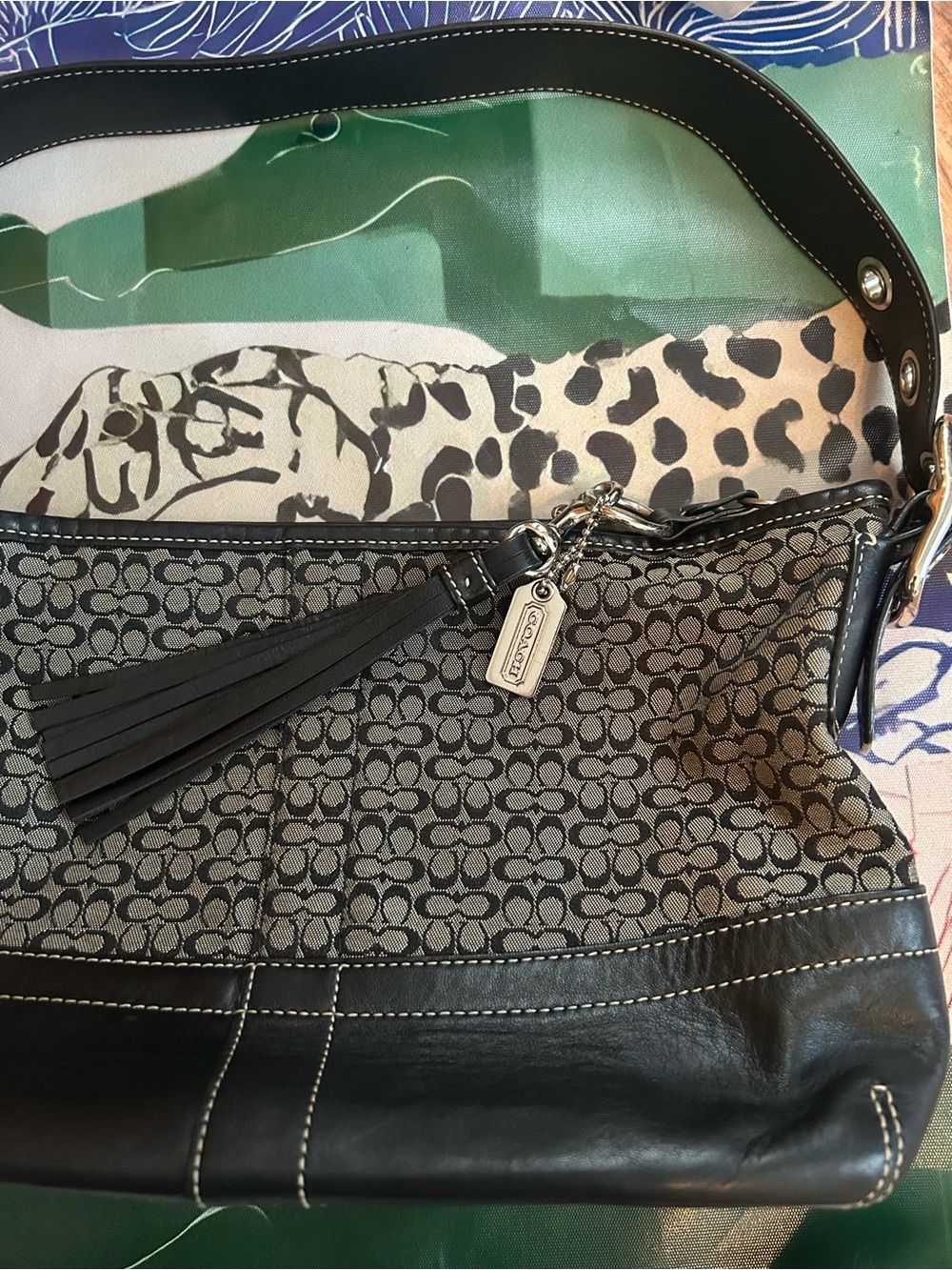 Vintage Y2K Coach Signature Jacquard and Leather Shoulder Bag in Gray/Black - Picture 5 of 11